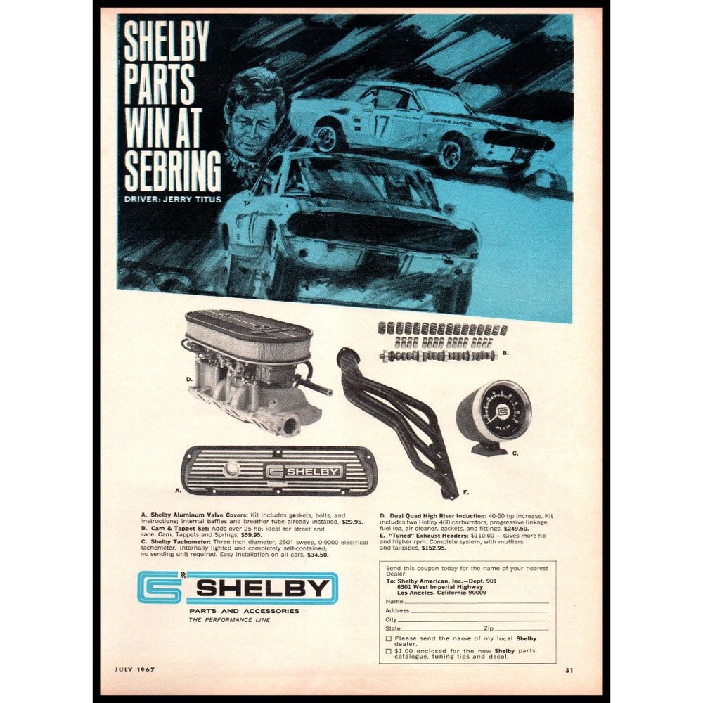1967 Shelby Performance Car Parts Vintage Print Ad Jerry Titus Sebring Wall Art